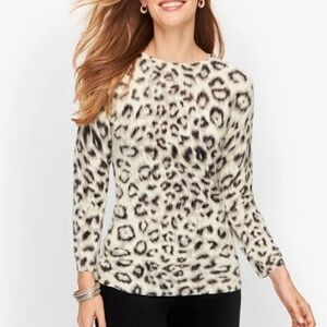Talbots 100% Cashmere Snow Leopard Print Audrey Sweater 3/4 Sleeves